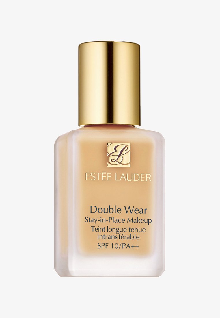 Bottiglia di fondotinta Estée Lauder Double Wear con tappo dorato, etichettata come trucco a lunga tenuta con protezione solare SPF 10 e PA++.