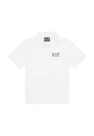 Polo shirt bianca in cotone, con colletto classico, placca con tre bottoni e un piccolo logo ricamato EA7 nero sul petto.