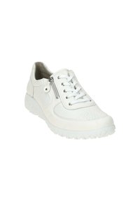 Weiße Sneaker mit Obermaterial aus Leder und strukturiertem Textil, Schnürung vorne, seitlichem Reißverschluss, gepolstertem Kragen und flexibler Gummisohle.