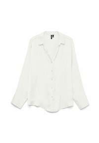 Bílá košile s dlouhým rukávem, límečkem, sedmi knoflíky a rovnými manžetami, položena na rovné bílé pozadí.