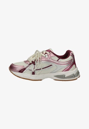White and pink mesh athletic shoe with maroon accents, gray sole details, and decorative pearl beaded laces.