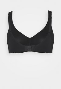Reggiseno wireless nero con una texture liscia, spalline regolabili e chiusura a gancio e occhiello sul davanti. Design semplice e coppe senza cuciture.
