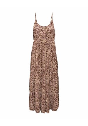 Vestito lungo marrone senza maniche con spalline sottili e un intricato motivo floreale beige su tutto il tessuto.