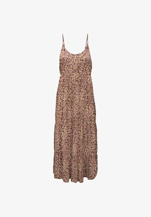 Vestito lungo marrone senza maniche con spalline sottili e un intricato motivo floreale beige su tutto il tessuto.