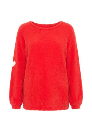 Rød langærmet, blød sweater med rund halsudskæring og elastiske manchetter, med et lille hvidt hjerte på venstre ærme.