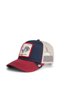 Casquette de camion avec un devant bleu marine, une visière rouge et un dos en filet. Présente un patch de coq brodé avec une bordure rouge.