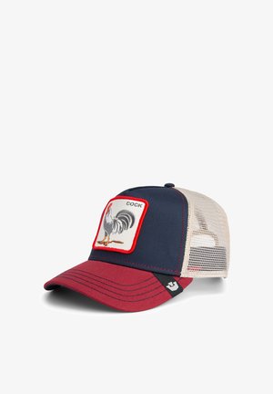 Truck cap with a navy blue front, red brim, and mesh back. Features an embroidered rooster patch with red border.