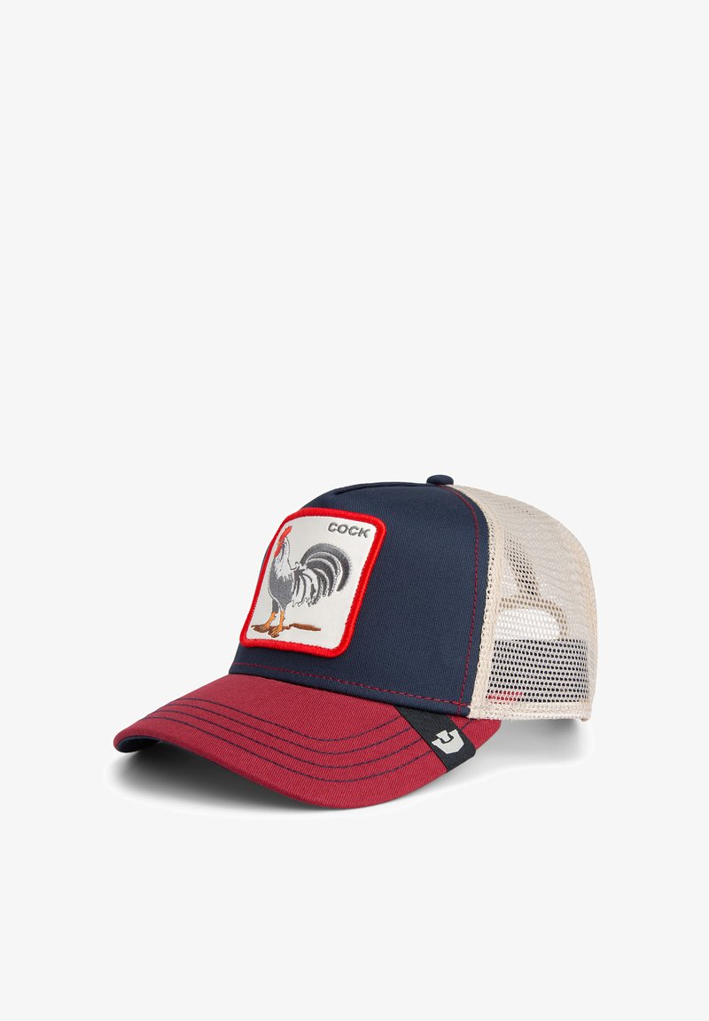 Truck cap with a navy blue front, red brim, and mesh back. Features an embroidered rooster patch with red border.