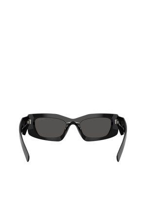 Occhiali da sole rettangolari neri con montatura spessa e lenti scure mostrati frontalmente su sfondo bianco.