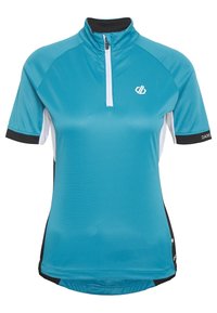 Cyklistický dres s krátkým rukávem v tyrkysové barvě s bílými a černými akcenty, vybavený límcem na půl zip a texturovanou látkou pro prodyšnost.