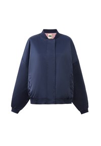 Marine bomberjack in glanzende stof met een ronde kraag, elastische manchetten en tailleband. Beschikt over zijzakken en een solide, gestroomlijnd ontwerp.