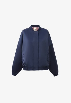 Marineblaues Bomberjackett aus glänzendem Stoff mit rundem Kragen, elastischen Bündchen und Saum. Verfügt über Seitentaschen und ein solides, schlankes Design.