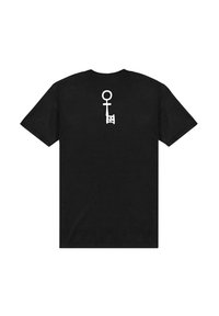 Sort bomulds t-shirt med hvid grafik på ryggen, der har et cirkel- og nøgledesign. Korte ærmer og klassisk rund hals.
