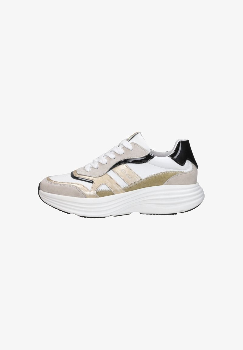 White and beige athletic shoes featuring suede and patent leather accents, with a thick white sole and metallic details in gold.