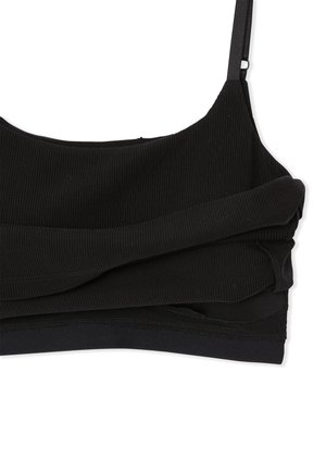 Schwarzes, geripptes Bralette mit verstellbaren Trägern. Verfügt über ein mehrlagiges Design, eine glatte Textur und einen breiten elastischen Bund am unteren Rand.