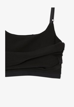 Zwarte geribbelde bralette met verstelbare bandjes. Heeft een gelaagd ontwerp, een gladde textuur en een brede elastische band aan de onderkant.