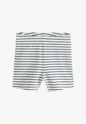 Balti šortai su tamsiai mėlynomis horizontaliomis juostelėmis. Ypatingai minkšta medžiaga, elastinga juosmens juosta ir klasikinis, prigludęs dizainas.