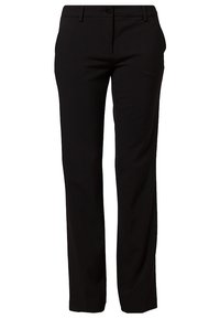 Musta räätälöidyt housut suoralla lahkeella, joissa on yksittäinen nappisuljenta ja vyölenkit, valmistettu sileästä, kevyestä kankaasta.