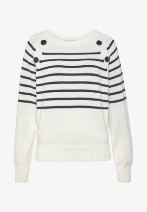 Striped knit sweater in cream and navy, featuring a crew neck, long sleeves, and decorative buttons on the left shoulder.