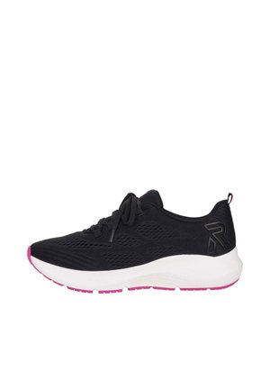 Black athletic shoe with a breathable mesh upper, pink accents, and a white cushioned sole. Features laces and a logo on the side.