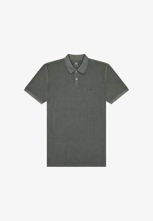 Męska ciemnoszara koszulka polo z krótkim rękawem, dwoma guzikami, kołnierzykiem i małym haftowanym logo "Lee" na lewej piersi.