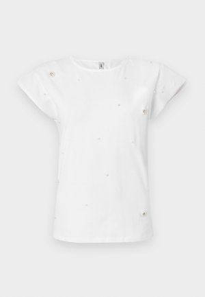 White cotton t-shirt with capped sleeves, featuring embellishments of small pearls and floral accents distributed across the fabric.