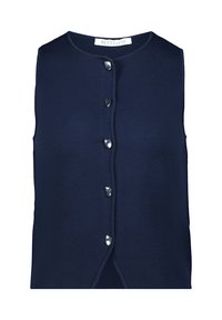 Marineblauer ärmelloser Cardigan mit rundem Halsausschnitt, vorderer Knopfleiste mit sechs schimmernden Knöpfen und geradem Saum mit seitlichen Schlitzen.