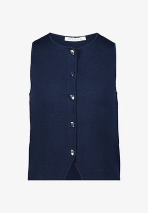 Granatowy bezrękawnik z okrągłym dekoltem, z przodu zapinany na sześć błyszczących guzików, z prostym dołem i bocznymi rozcięciami.
