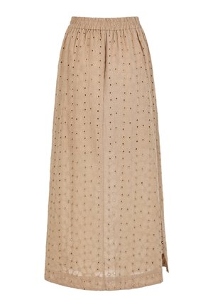 Beige midi skirt with elastic waistband and floral eyelet embroidery throughout, featuring a side slit.