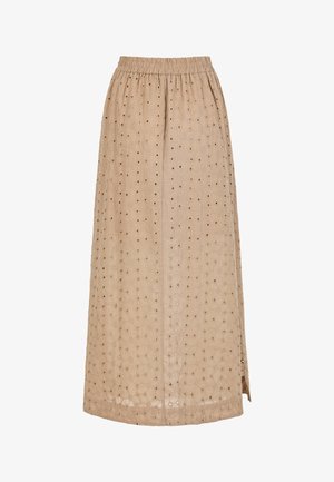 Beige midi skirt with elastic waistband and floral eyelet embroidery throughout, featuring a side slit.