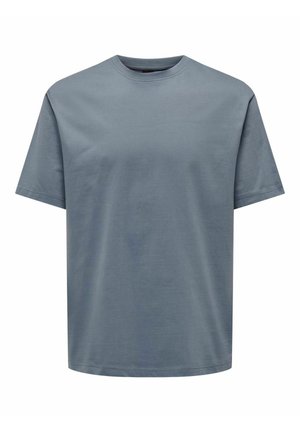 Kurzärmliges T-Shirt in einem sanften Blauton, aus weicher Baumwolle, mit Rundhalsausschnitt und lockerer Passform, ohne Muster oder Verzierungen.