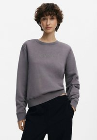 Hallide halliline dressipluus ümmarguse kaelusega, ribatud varruka- ja alumise servaga. Ees on "Desigual" teemanditest. Kombineeritud tumedate pükstega.