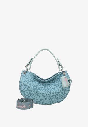 Lichtblauwe handtas met een luipaardprint ontwerp. Heeft een gebogen silhouet, een verstelbare schouderband en een label met 'Barbie' in het roze.