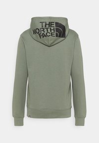 Sweat à capuche vert montrant le dos avec des manches longues et le logo "THE NORTH FACE" imprimé en noir sur la capuche.