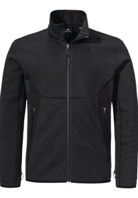 Schwarze Fleecejacke mit vollem Reißverschluss, hohem Kragen und zwei seitlichen Reißverschlusstaschen. Sie verfügt über einen strukturierten Stoff mit glatten schwarzen Akzenten.