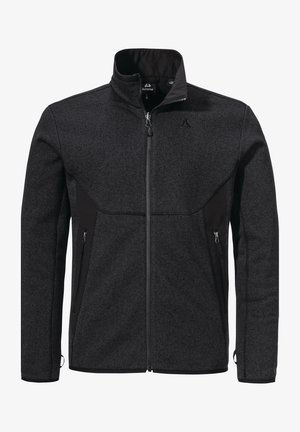 Schwarze Fleecejacke mit vollem Reißverschluss, hohem Kragen und zwei seitlichen Reißverschlusstaschen. Sie verfügt über einen strukturierten Stoff mit glatten schwarzen Akzenten.