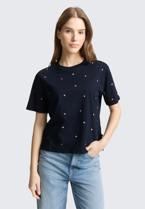 TOM TAILOR DENIM BOXY WITH EMBROIDERY - T-shirt print - navy pink heart embroidery