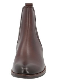Braune Leder-Ankle Boots mit einem eleganten Design, spitzer Zehenform, seitlichen Nähten und einer Schlaufe an der Rückseite. Geschmeidige Textur und minimales Detail.