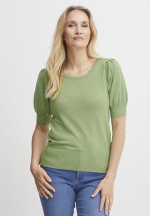 Green knitted pullover with short puff sleeves, ribbed hem, and crew neck. Fabric is smooth, with a slightly textured surface.