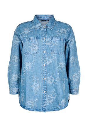 Camicia di jeans bleu chiaro con design a bottoni, caratterizzata da grandi contorni di rose, due tasche frontali e maniche lunghe con polsini regolabili.