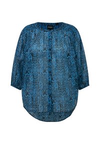 Blusa blu trasparente con motivo paisley, scollatura rotonda e maniche a tre quarti. Presenta un orlo curvo e dettagli con bottoni sul davanti.