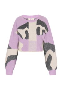 Pulover scurt lila cu modele abstracte în alb și negru, mâneci lungi și manșete strâmte. Textură moale de tricot. Design geometric îndrăzneț.