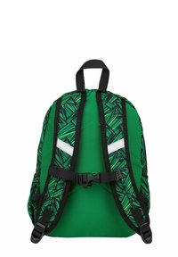 Green backpack featuring a black and green leaf pattern, padded straps, and a chest buckle. Smooth fabric with a sleek design.