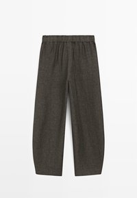 Locker sitzende, dunkelgraue Leinenhose mit elastischem Bund, geraden Beinen und ohne sichtbare Taschen oder Verzierungen.