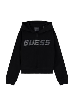 Sort hættejakke med lynlås, hætte og lange ærmer, med "GUESS" i sølvfarvede rhinsten på brystet.