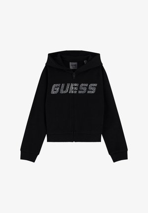Czarna bluza z kapturem na suwak, z długimi rękawami, z napisem "GUESS" wykonanym ze srebrnych kryształków na piersi.