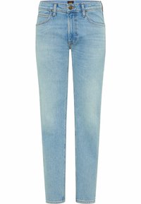 Jasnoniebieskie dżinsy o prostym kroju, pięć kieszeni w stylu, klasyczny metalowy guzik na zapięciu w pasie.