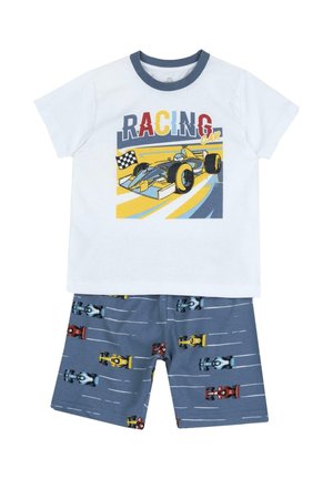Short-sleeve white cotton T-shirt with colorful racing car graphic, paired with blue shorts featuring multicolored car patterns on a striped background.
