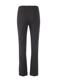 Schwarze Hose mit strukturiertem Muster, schlanker Passform und geraden Beinen. Verfügt über zwei Gesäßtaschen und dezente Schlitzdetails am Saum.