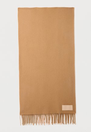 Bruine geweven sjaal met franjes aan de randen en een effen textuur. Heeft een klein beige label aan een uiteinde.